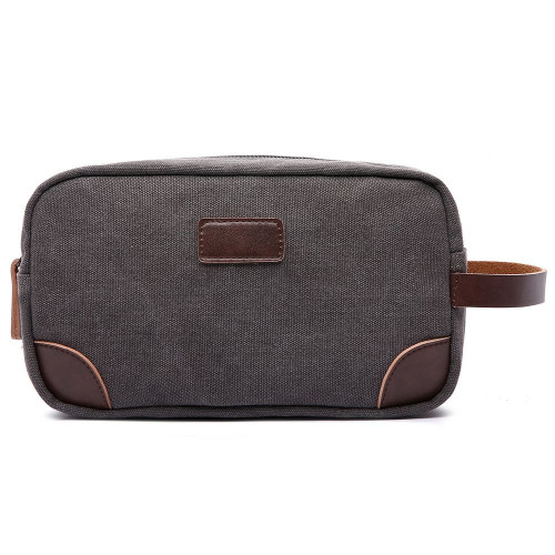 Grey Canvas and Leather Wash Bag
