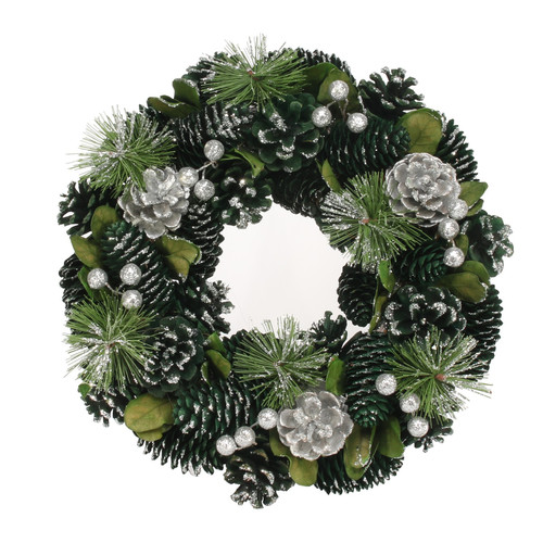 Green & Silver Glitter Pine Cone Wreath (30cm)