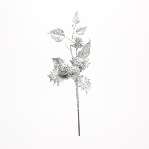 Silver Glittered Holly Spray (38cm) Silver Glittered Holly Spray (38cm)