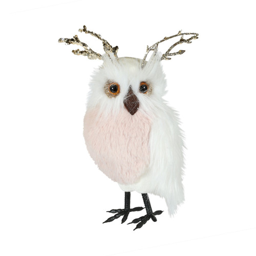 Velvet White Owl With Pink Fur (H18cm)