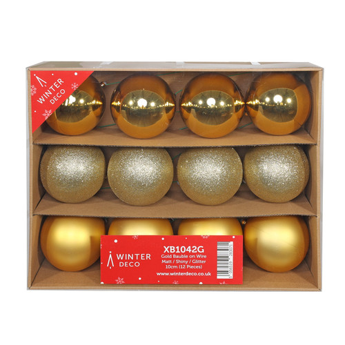 Gold Bauble on Wire - Matt/Shiny/Glitter (Pack of 12) 