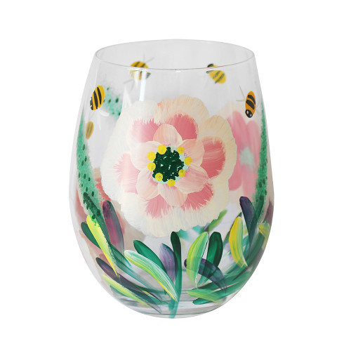 Peonies & Bees Stemless Hand Painted Glass Peonies & Bees Stemless Hand Painted Glass