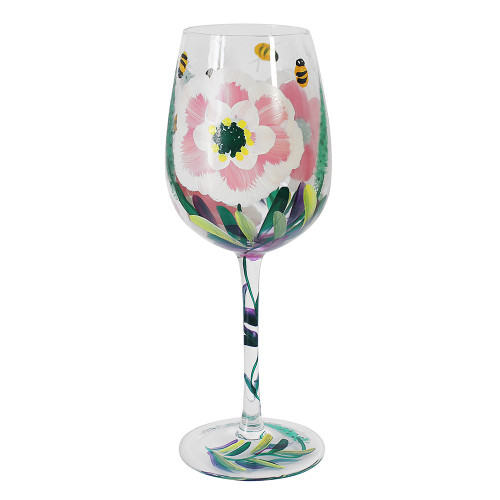 Peonies & Bees Hand Painted Wine Glass