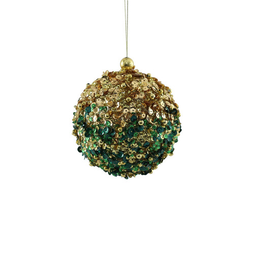 Bead Encrusted Bauble- Gold & Green (11cm) Bead Encrusted Bauble- Gold & Green (11cm)