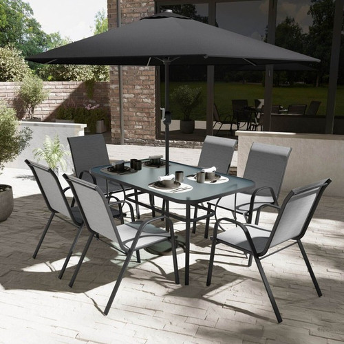 Black & Grey 8 Piece Dining Set With Parasol