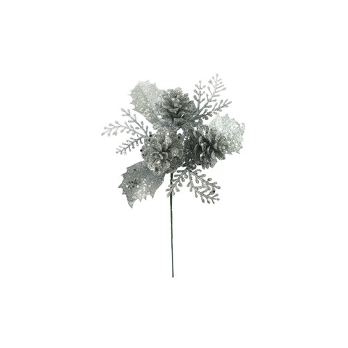 Silver Glitter Cones & Foliage Pick (18cm)