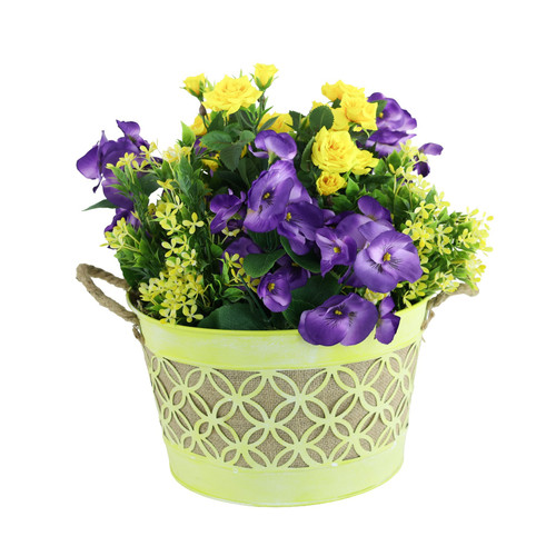 Yellow Purple Rose Pansy Zinc Patio Planter