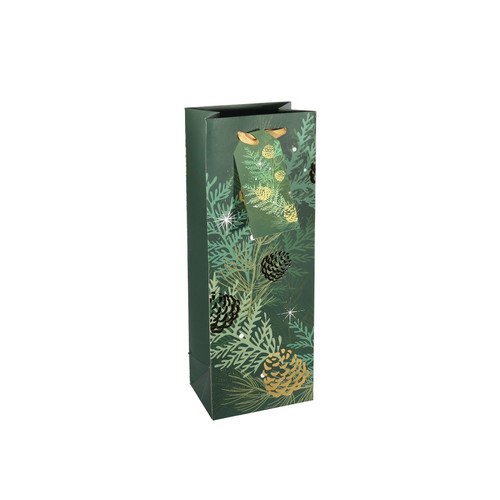 Green & Gold Christmas Foliage & Pine Cones Bottle Gift Bag with Tag