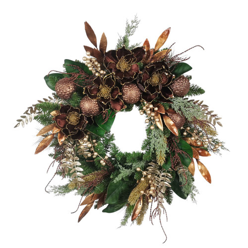 Brown Mixed Foliage, Bauble & Magnolia Wreath (60cm)