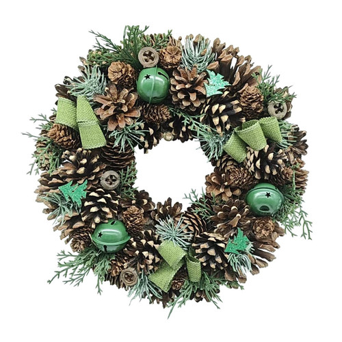 Green Themed Wreath with Ribbon Bows, Bells & Trees (36cm)