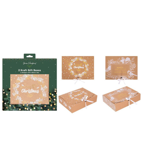 Pack of 2 Christmas Kraft Gift Boxes with Ribbon Tie (Wreath Design & Robin Design)