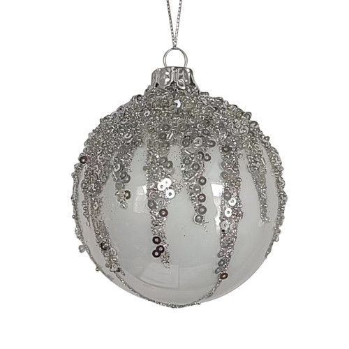 Silver Glass Bauble with Sequin Sparkles (8cm)