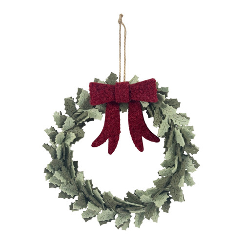 Felt Leaf Wreath with Red Bow Hanging Decoration (30cm)