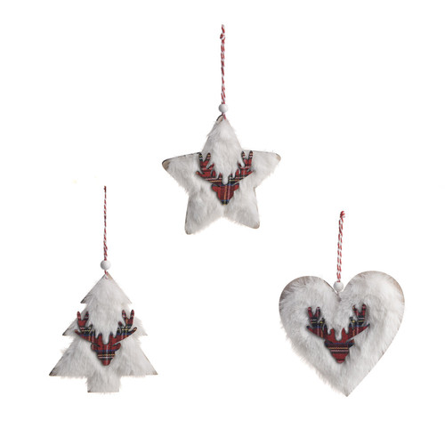 Dear Head Wooden Hanging Decoration with Fur & Tartan (Assorted Designs)
