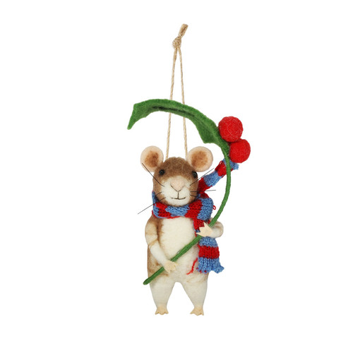 Felt Mouse Holding Holly Sprig Hanging Decoration (15cm)