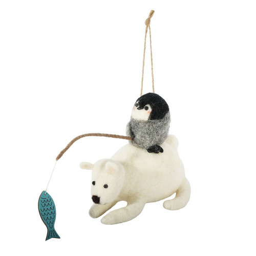 Felt Polar Bear and Fishing Penguin Hanging Decoration (14cm)