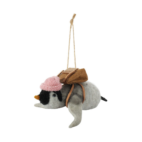 Felt Sliding Penguin in a Pink Hat Hanging Decoration (7.5cm)
