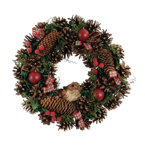 Christmas Wreath with Tartan Bows, Fruit & Bird (36cm)