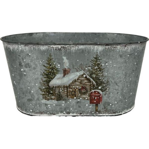 Snowy Christmas Cottage Oval Silver Zinc Planter