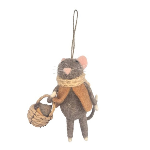 Grey Felted Mouse Carrying a Basket Hanging Ornament (13cm)