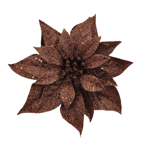 Brown Glittered Poinsettia Flower Head on Clip (23cm)