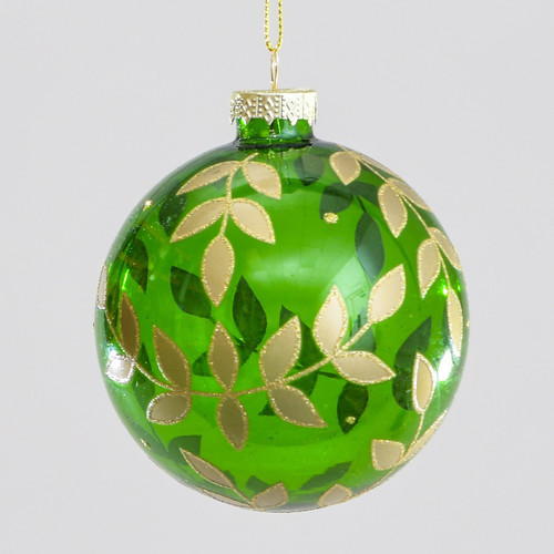 Green & Gold Glass Leaf Pattern Bauble (8cm)
