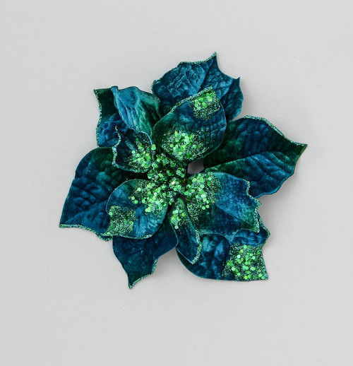 Blue & Green Velvet Glittered Poinsettia (24cm)