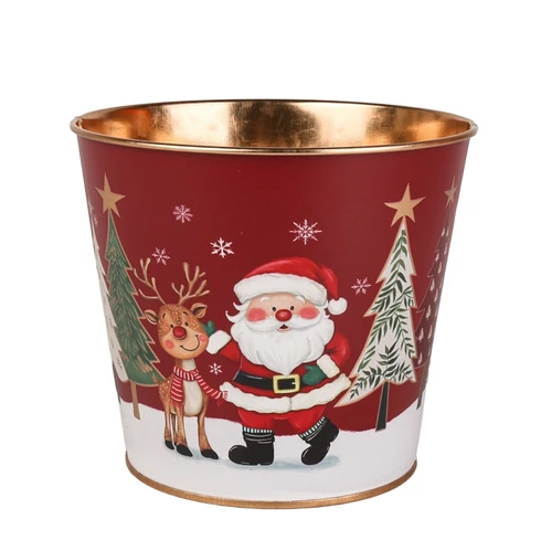 Rosy Cheeks Santa & Rudolph Metal Planter Pot with Liner (11.5cm H)