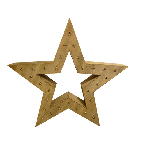 Natural Wooden Star Decoration with LED Lights (52cm)