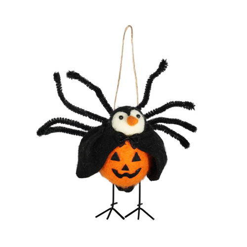 Black & Orange Felt Pumpkin with Spider Hanging Decoration (12.5cm H)