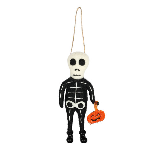 Black & White Felt Skeleton & Pumpkin Hanging Decoration (14.5cmH)