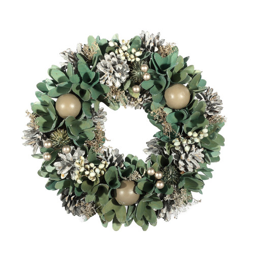 Sage Green Winter Wreath with White Pine Cones & Pearls (30cm)