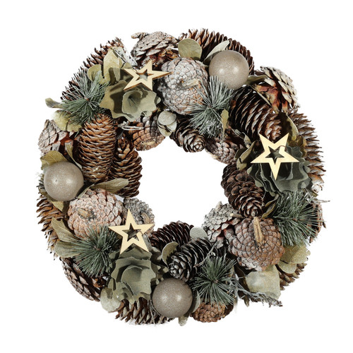Natural Gold & Green Wreath with Pine Cones & Wooden Stars (30cm Dia)