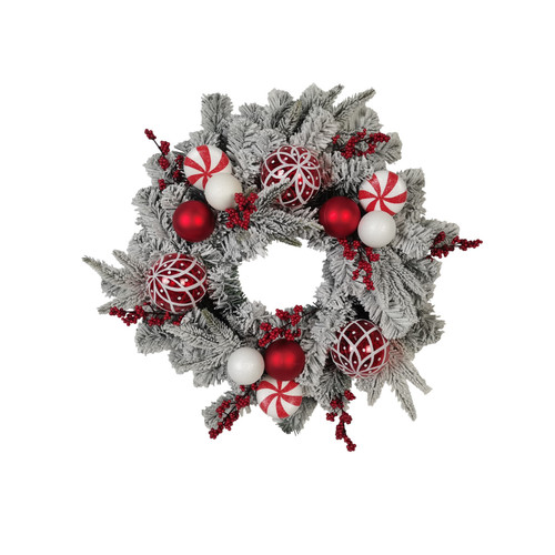 Snowy Wreath with Berries & Red & White Candyland Baubles (61cm)