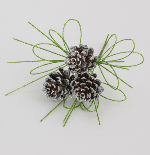 Green & Silver Glitter Pine Cone Pick (24cm)