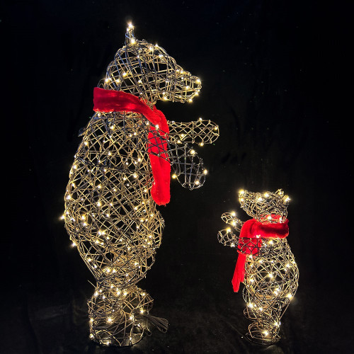 Warm White LED Rattan Mummy & Baby Bear (100cm)