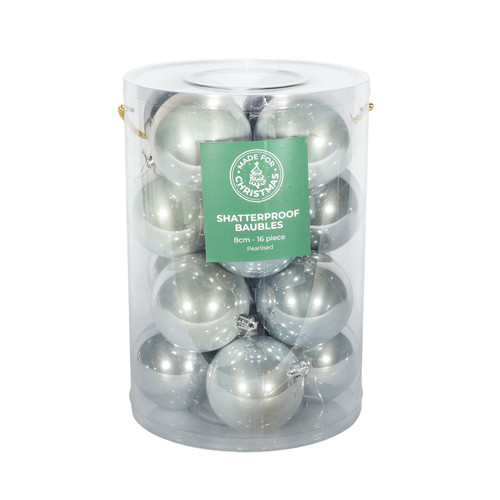 16 Pearlised Silver Baubles (8cm)