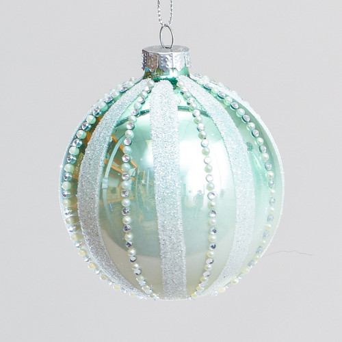 Mint Green Bead & Glitter Glass Bauble (8cm)