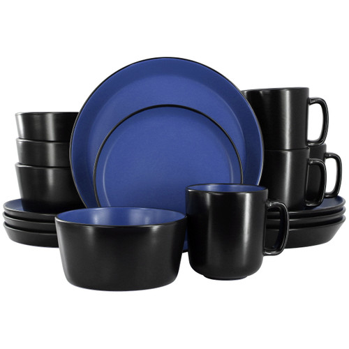 Elama Bacarra 16 Piece Stoneware Dinnerware Set in Two Tone Black and Blue