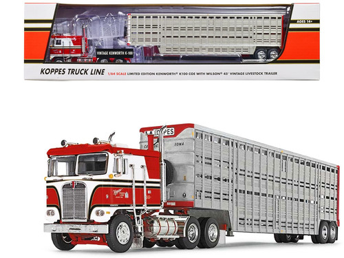Kenworth K100 COE Red and White with 45' Wilson Vintage Livestock Trailer "Koppes Truck Line" 1/64 
