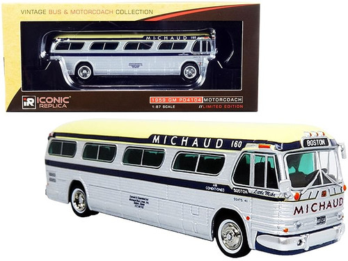 1959 GM PD4104 Motorcoach Bus "Boston" "Michaud Lines" Silver and Cream with Dark Blue Stripes "Vin