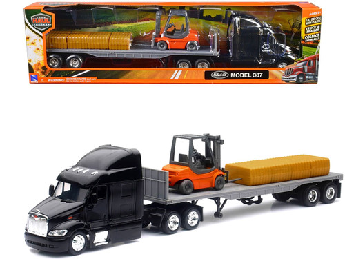 Peterbilt 387 Truck with Flatbed Trailer Black with Forklift and Hay Bales "Long Haul Trucker" Seri