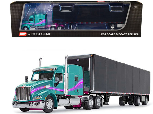 Peterbilt 579 with 72" Mid-Roof Sleeper and 53' Utility RollTarp Trailer Teal and Black with Purple