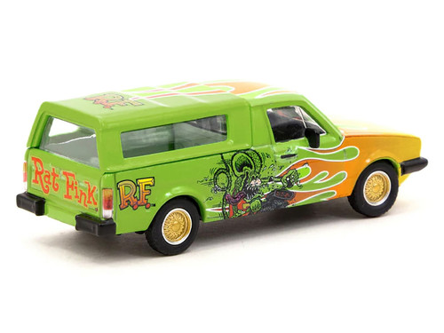 Volkswagen Caddy Pickup Truck with Camper Shell Green with Flames and Graphics "Rat Fink" "Collab64