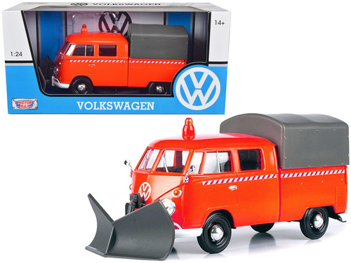 Volkswagen Type 2 (T1) Pickup Truck Orange with Snow Plow and Camper Shell 1/24 Diecast Model Car b