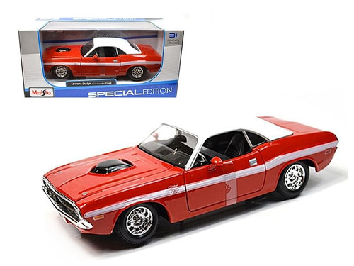 1970 Dodge Challenger R/T Coupe Red with White Top and White Stripes 1/24 Diecast Model Car by Mais