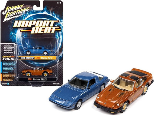 1982 Mazda RX-7 Blue Metallic and 1981 Datsun 280ZX Orange Mist Metallic "Import Heat" Set of 2 Car