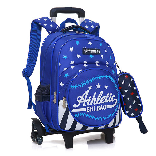 Color: Sky Blue, Style: Six rounds - Waterproof Children's Three-Wheeled Trolley School Bag