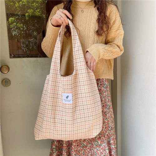 Color: Orange - Contrasting Check Check Vest Bag Shoulder Hand Canvas Bag Female Cute Student Schoo