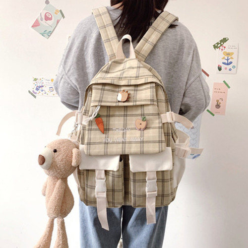 Color: Khaki, Bag style: With Bear - Large Capacity Korean Lovely Girl Backpack  Student Schoolbag 